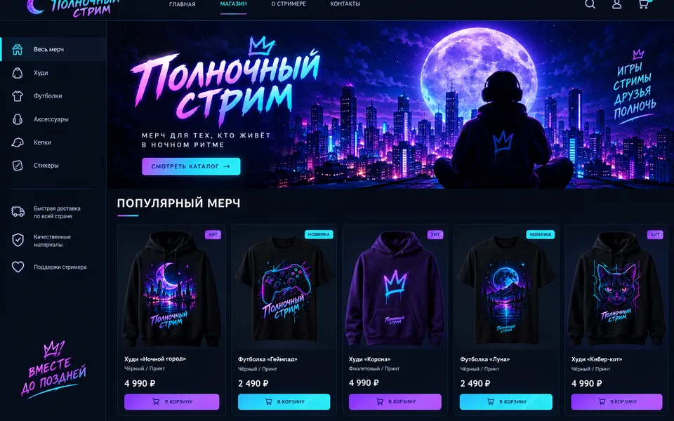 Витрина стримера: тёмная тема с неоновыми акцентами, худи и футболки